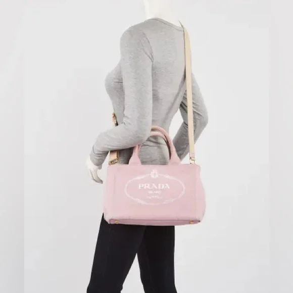 Prada Canapa RARE Light Pink Small Canvas Tote Shoulder Crossbody Bag w/ Strap